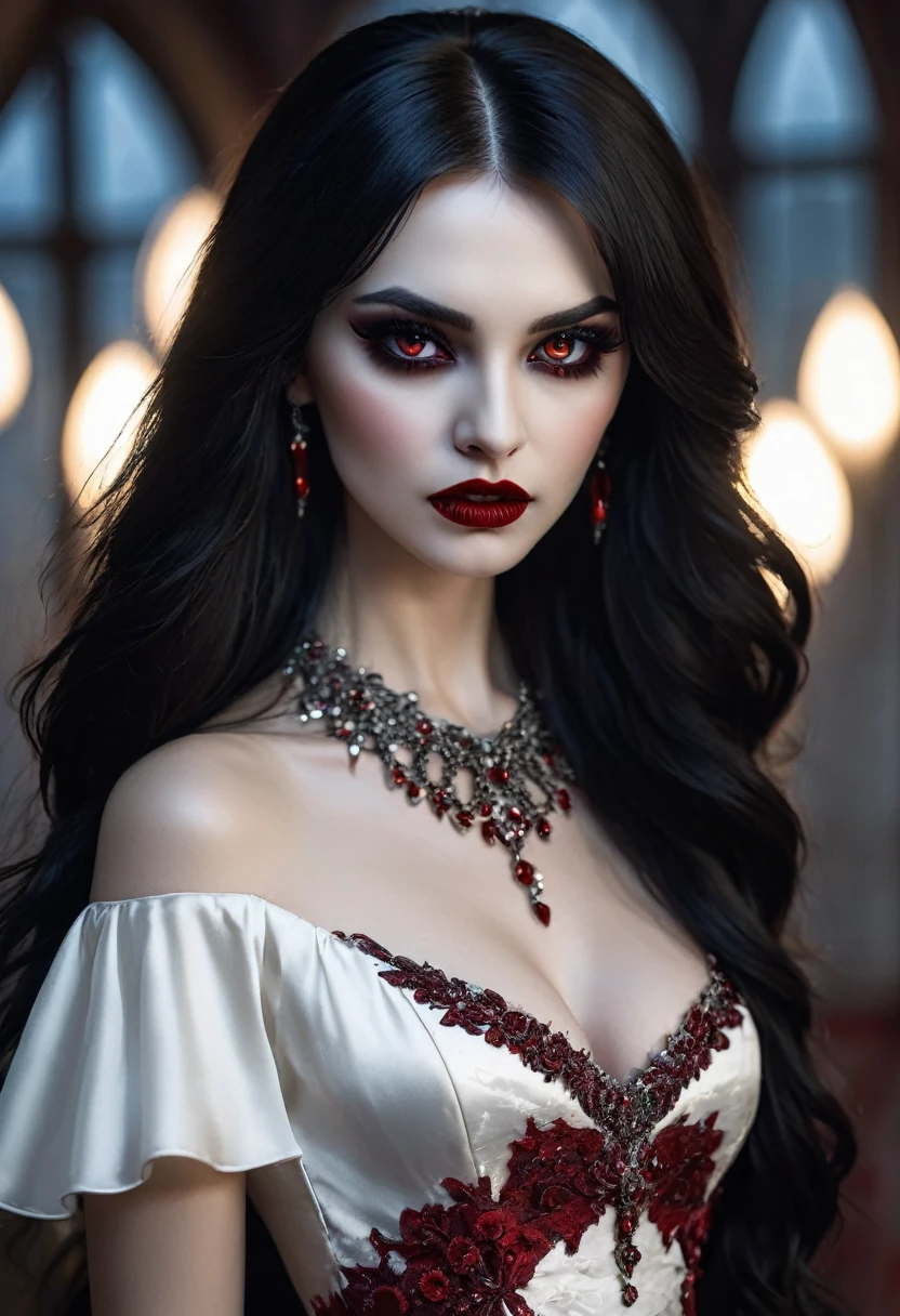 Arafed, dark fantasy art, goth art, a beautiful female vampire wearing a (blood stained white evening dress: 1.5), an extremely beautiful female vampire, ultra detailed face, black hair, long hair, wavy hair, dark glamour make up, pale skin, red lips, glowing red eyes, visible vampiric fangs, she wears a ((white evening dress: 1.5)), elegant, intricate detailed dress, silk dress, small cleavage, ((dress is decorated with gems: 1.4)), she wears elegant knee high heeled boots, exquisite knee high heeled boots, there are stains of blood on the upper part of the dress, dynamic background