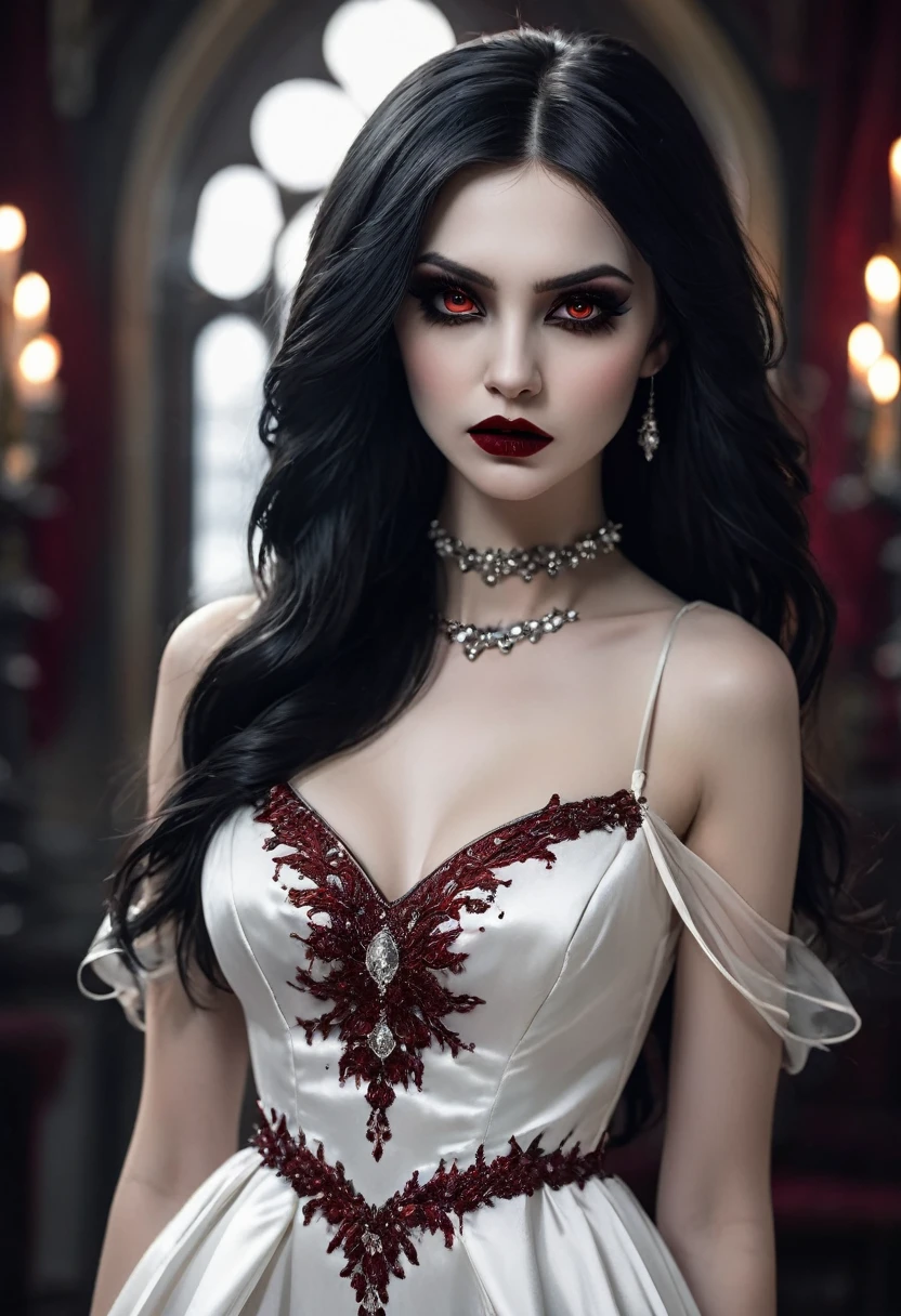 Arafed, dark fantasy art, goth art, a beautiful female vampire wearing a (blood stained white evening dress: 1.5), an extremely beautiful female vampire, ultra detailed face, black hair, long hair, wavy hair, dark glamour make up, pale skin, red lips, glowing red eyes, visible vampiric fangs, she wears a ((white evening dress: 1.5)), elegant, intricate detailed dress, silk dress, small cleavage, ((dress is decorated with gems: 1.4)), she wears elegant knee high heeled boots, exquisite knee high heeled boots, there are stains of blood on the upper part of the dress, dynamic background