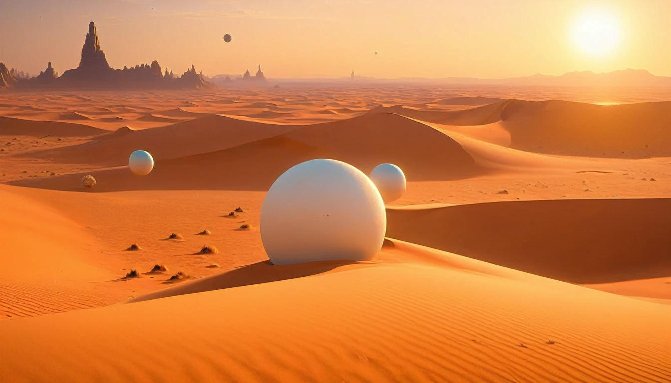Three white balls flying in the sky above the desert, Sun setting on a desert planet, inspired Jessica Rossier, Tatooine, Jessica Rossier, Floating Planet, film still from movie dune-2021, PS5 Cinematic Screen Capture, Planet in the sky, on a remote desert planet, Planet in the sky
