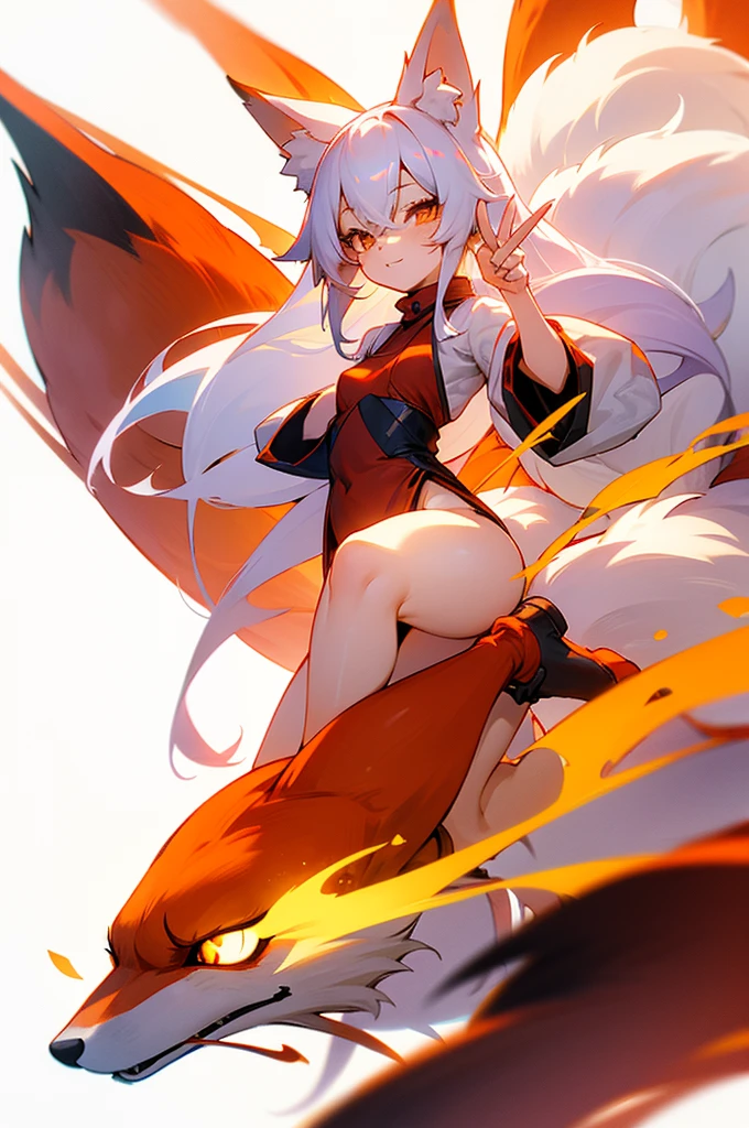 1girl, body, small breast, fox girl, fox ears, kitsune, multiple tails, kitsune tails, white hair long, hair, long sweater, exposed thighs, cute pose, kawaii, cute pose, leg up, on one leg, peace sign hands, winking, plain background, white background, half body composition
