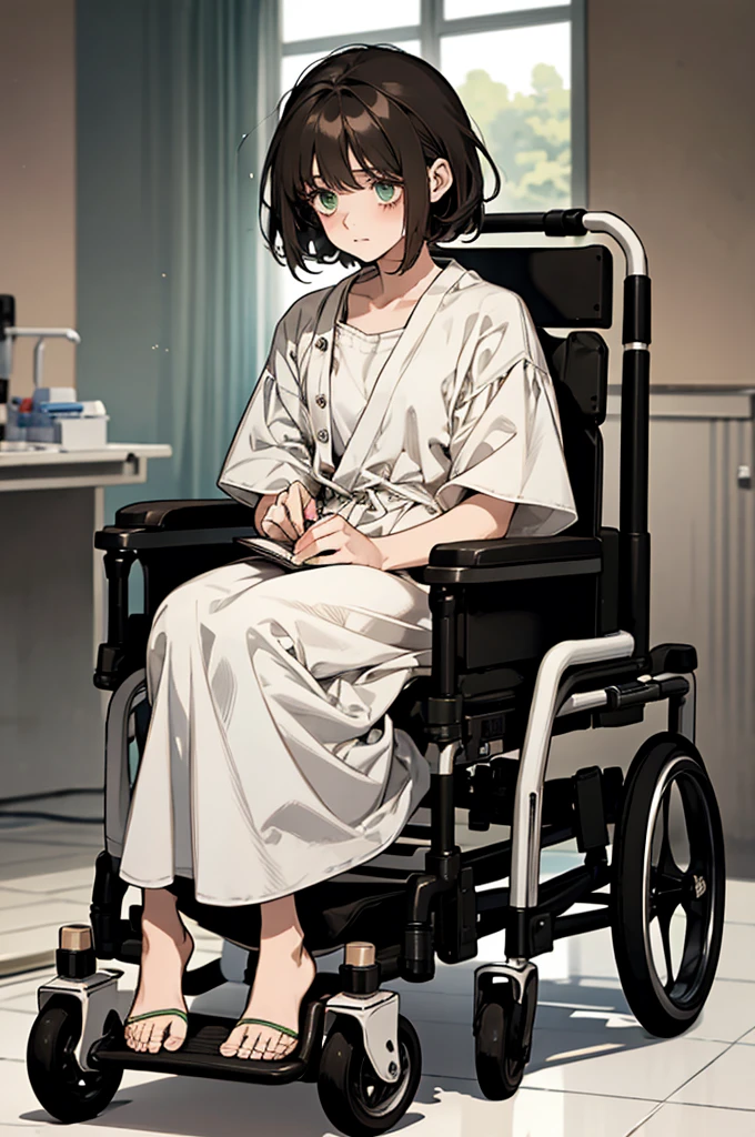 A very little and cute sickly girl expressionless with short dark hair, dark green eyes with a notebook in her hands wearing white hospital gown on a wheelchair