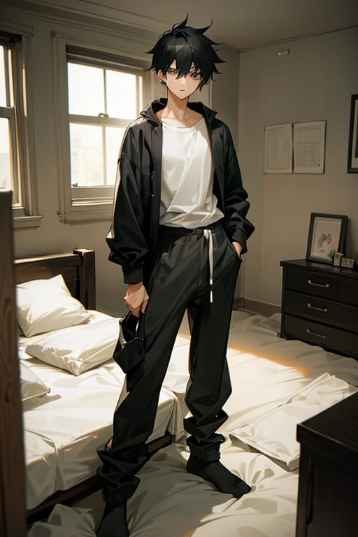 black hair boy+slanted and gray eyes+slim and muscular body+baggy clothes+disorganized hair+In his bedroom+masculine+handsome