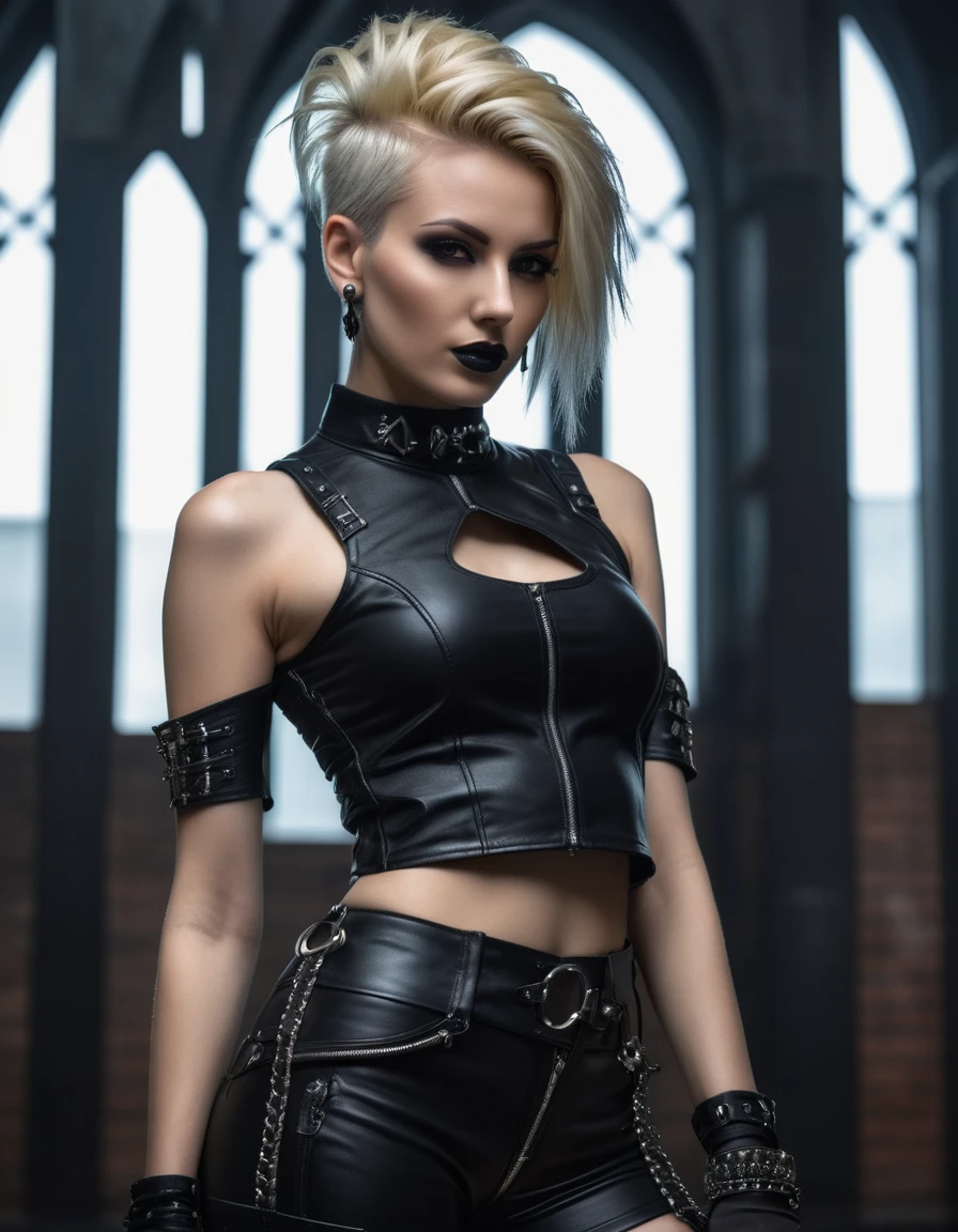 close-up photo of a woman in black open clothes, full body shot, edgy and bold hairstyle, blond hair, crop top, hotpants, Metal jewelry, Dynamic posture, handsome body, slim figure, small breastctive cyberpunk dark fantasy, Sensual, Gloomy style, dark fantasy mixed with realism, goth girl, dominatrix indom in play, mistresuctive, very beaoth top model, gothic horror vibes, The Queen of Dark Gothic, Gothic atmosphere, goth woman, Awesome and gloomy, ornamental gothic - cyberpunk, Gothic - Cyberpunk,