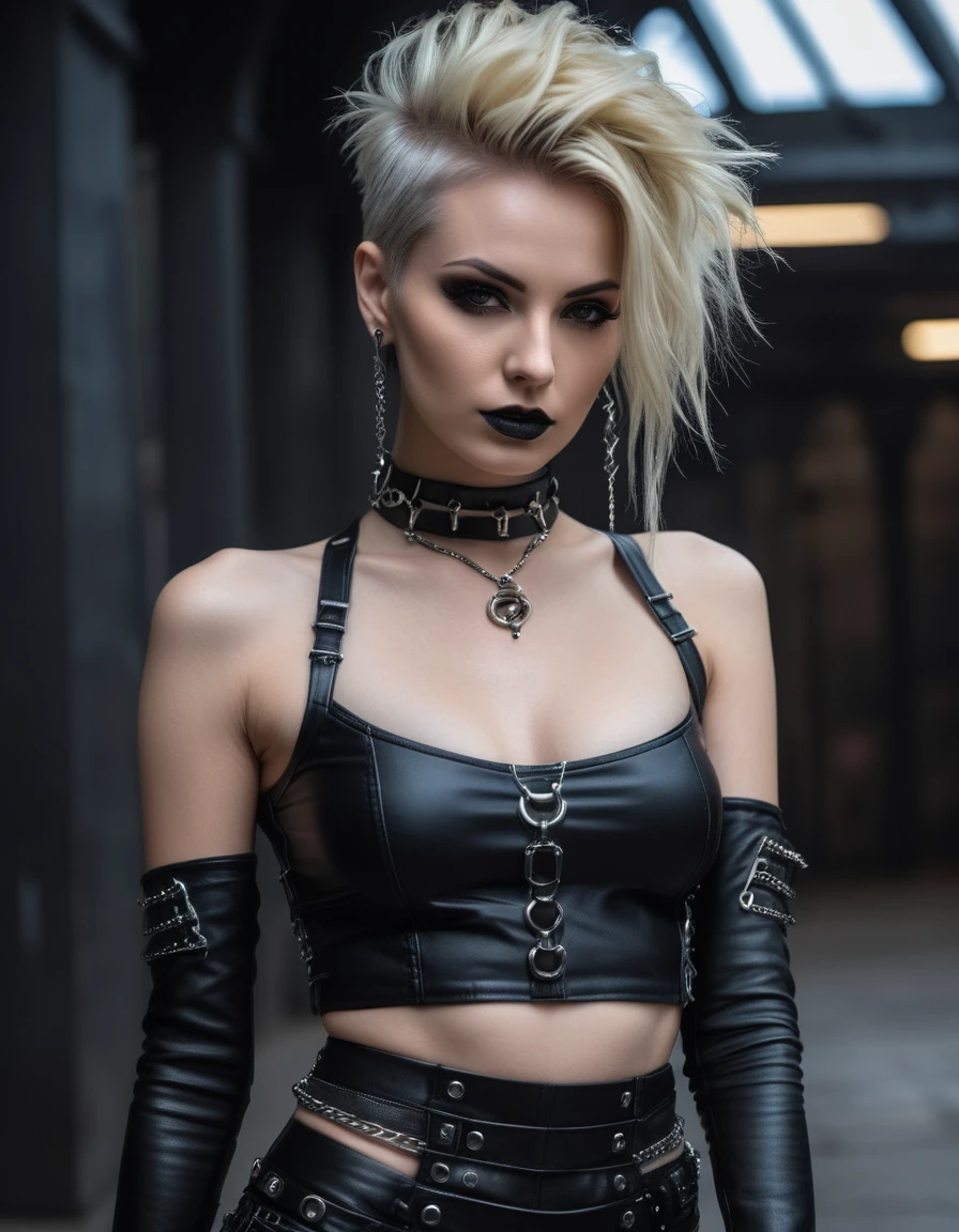 close-up photo of a woman in black open femdom clothes, full body shot, edgy and bold hairstyle, blond hair, crop top, hotpants, Metal jewelry, Dynamic posture, handsome body, slim figure, small breasts, seductive cyberpunk dark fantasy, Sensual, Gloomy style, dark fantasy mixed with realism, goth girl, dominatrix in play, femdom in play, mistress, seductive, very beautiful goth top model, gothic horror vibes, The Queen of Dark Gothic, Gothic atmosphere, goth woman, Awesome and gloomy, ornamental gothic - cyberpunk, Gothic - Cyberpunk,