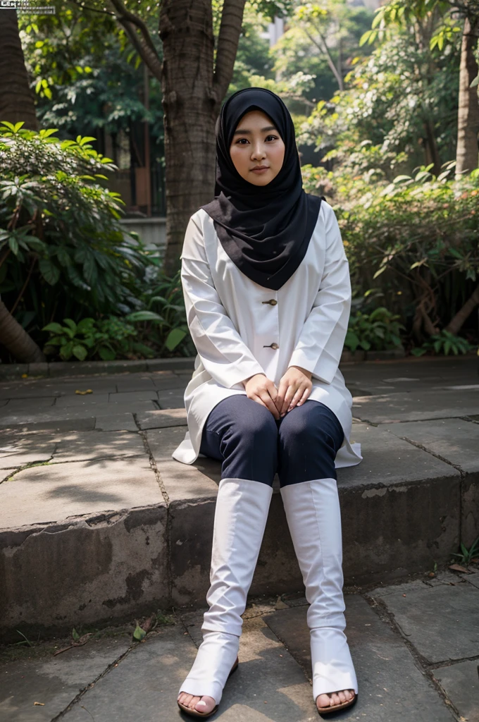 Fullbody seorang wanita cantik korea memakai hijab ,duduk bersimpuh, disebuah taman anggrek, dipagi hari yang cerah, bersama, seekor panda, hyper realistis kualitas gambar UHD.