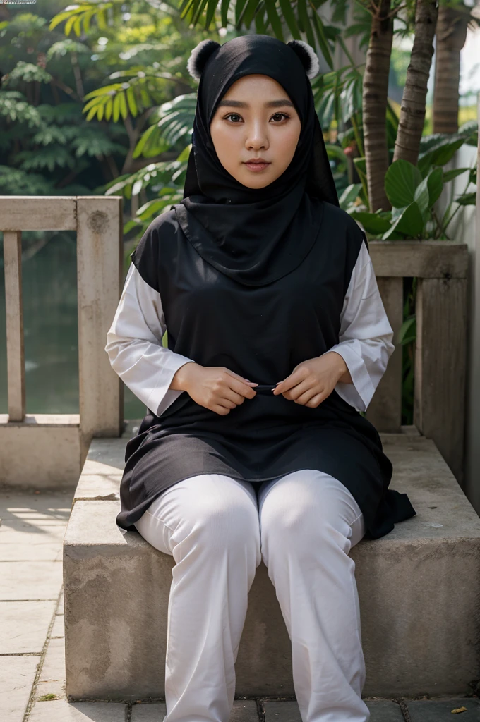 Fullbody seorang wanita cantik korea memakai hijab ,duduk bersimpuh, disebuah taman anggrek, dipagi hari yang cerah, bersama, seekor panda, hyper realistis kualitas gambar UHD.
