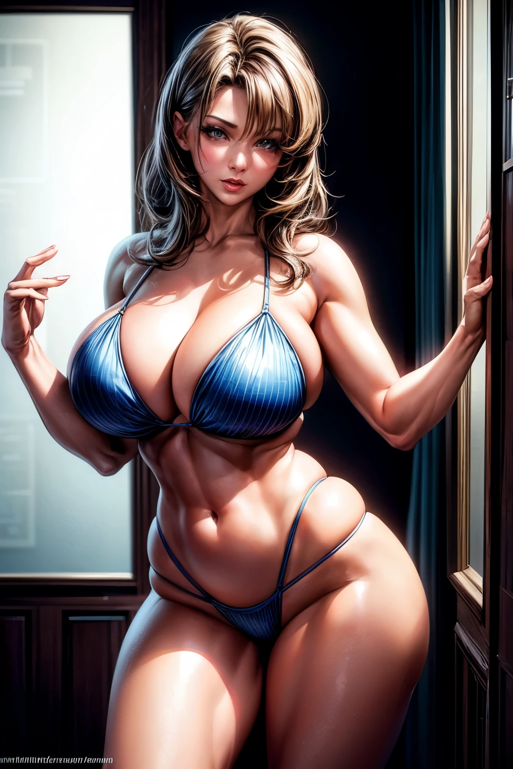 Woman, embodying the essence of a MILF, adorns a captivating bikini. Her voluptuous figure, accentuated by a large, appealing derriere, exudes a sensual allure. The bikini, a vibrant, eye-catching piece, clings to her body, showcasing her curvaceous form.

The image, rendered in hyper-realistic detail at an astonishing 8K resolution, benefits from HDR technology, resulting in a striking contrast and vivid colors. The photographic quality is impeccable, with a sharp focus on every subtle curve and line. The woman, with her sexy, hot physique, poses confidently