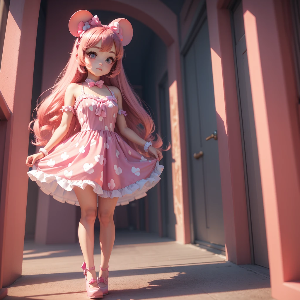 Beautiful, Chibi style, Beautifulexpression, pink dress, long hair minnie mouse ears, 3D drawing, whole body, linda, bright Eyes