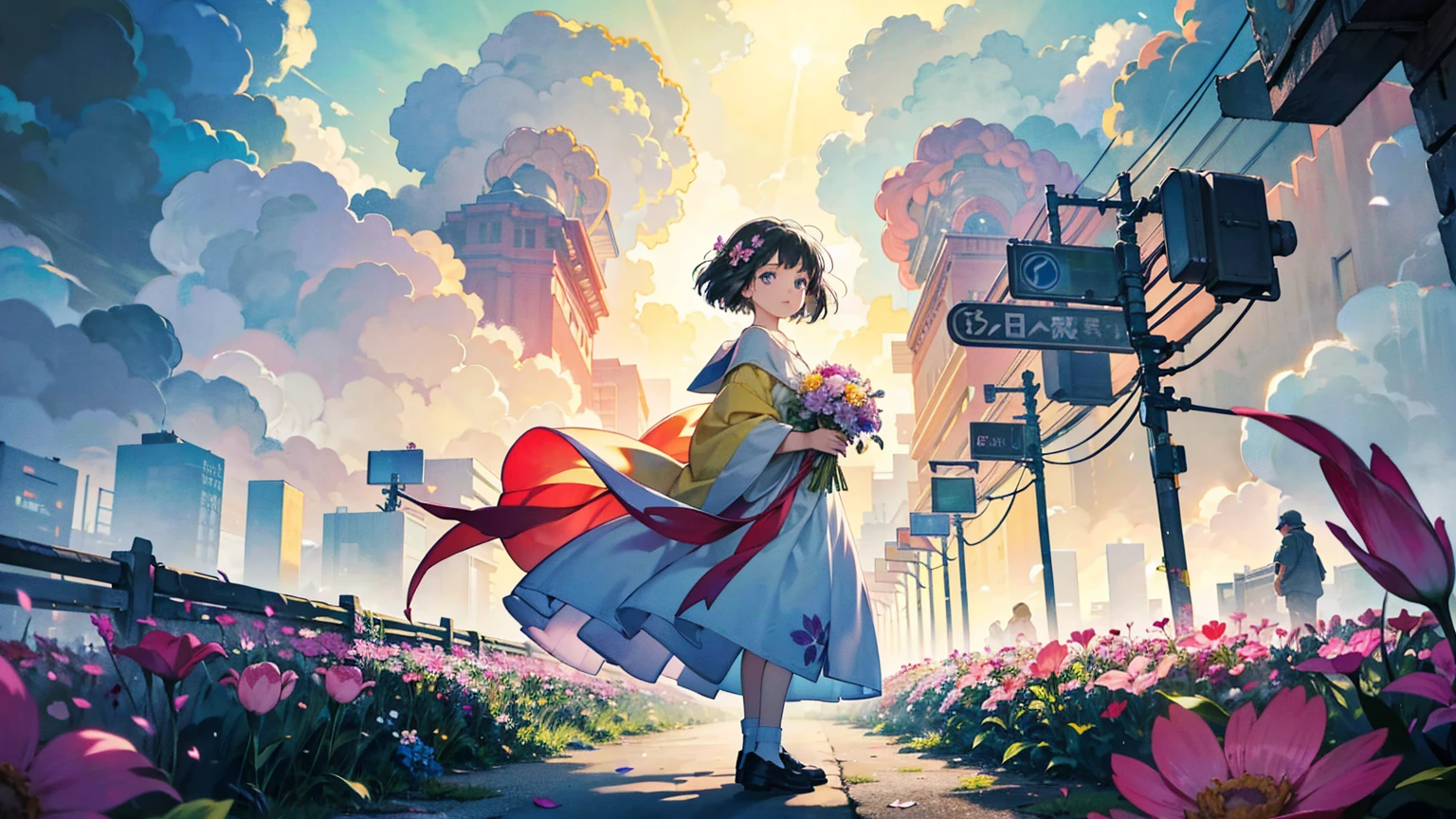 A vibrant flower blooms on the dirty ground of a large gray avenue. A crowd of gray, soulless people crosses the streets. A colorful , glowing with bright hues, stands protectively over the flower, protecting it with her little hands and determined eyes. Sunlight breaks through the dark clouds. Studio Ghibli style