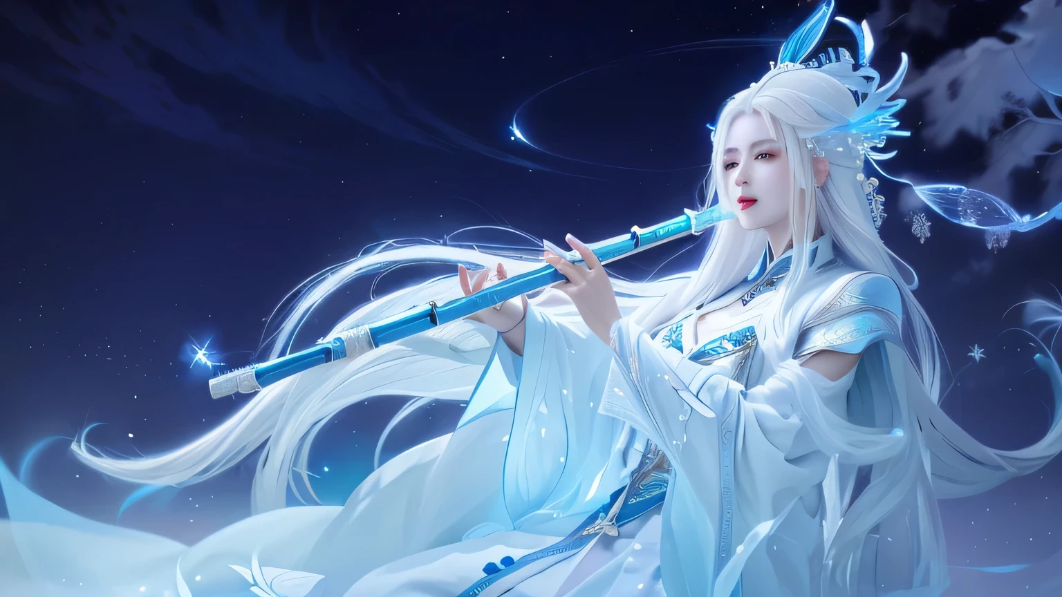 girl with long white hair holding a flute in the sky, white haired deity, beautiful celestial mage, full body xianxia, ice sorceress,