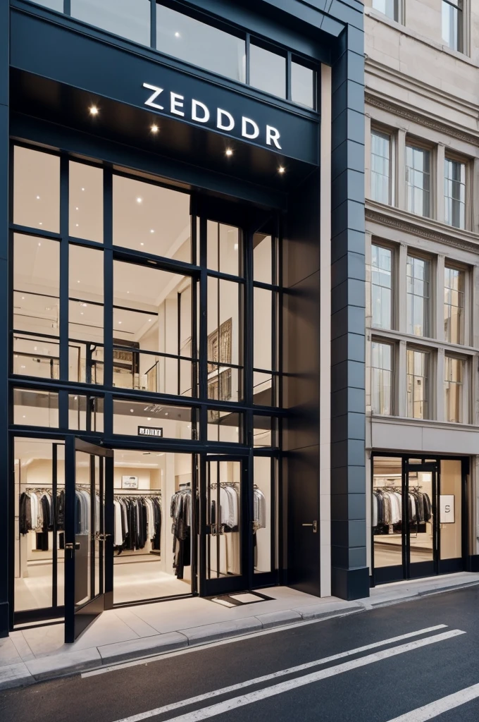 elegant clothing store, spacious dressing rooms, all modern style, The brand name is called Zeddier, On the façade I want you to put the name of the brand and the European store style