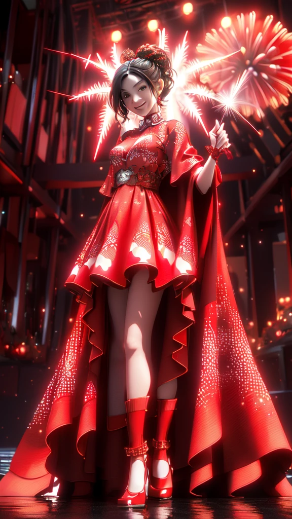 (masterpiece:1.2), best quality,cg,3d, a woman in red, her clothes are red with black dots like a ladybug, she has a wide cape with ladybug colors, smiling from behind fireworks are going off, the fireworks are very clear and can be seen like the Walt Disney fireworks, there are sun rays from behind and they light her like halo of rays