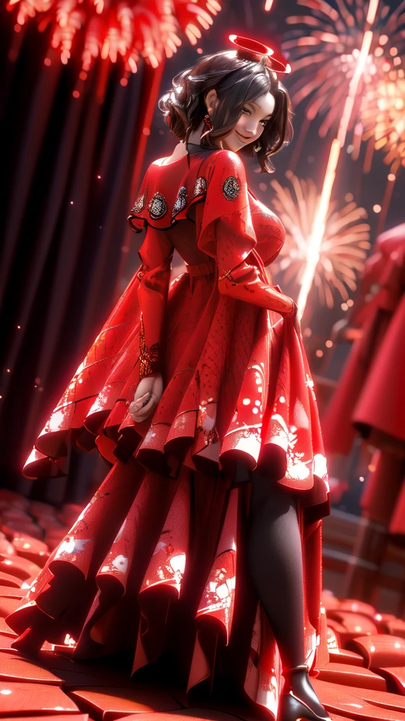 (masterpiece:1.2), best quality,cg,3d, a woman in red, her clothes are red with black dots like a ladybug, she has a wide cape with ladybug colors, smiling from behind fireworks are going off, the fireworks are very clear and can be seen like the Walt Disney fireworks, there are sun rays from behind and they light her like halo of rays