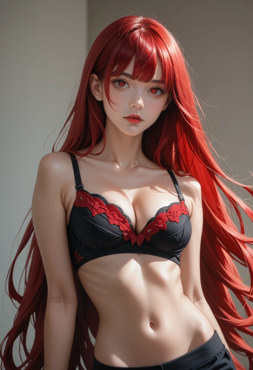 (((the most beautiful girl in the world))), ((cowboy shot)) navel, plain white crop top, underboob, cleavage, realism, ((seductive expression)), the most unparalleled (masterpiece) ever, super realistic 8K , perfect artwork、(((Sexy))) and colorful、shockingpink、((all matte black bra with matte black miniskirt))、frilld、seductive fashion、A detailed face、face perfect、perfect eyes、high-detail, , extremely long hair, bangs, (ruby red eyes:1.2), ruby hair,
(sharp focus), (hard focus), score_9, score_8_up, score_7_up,