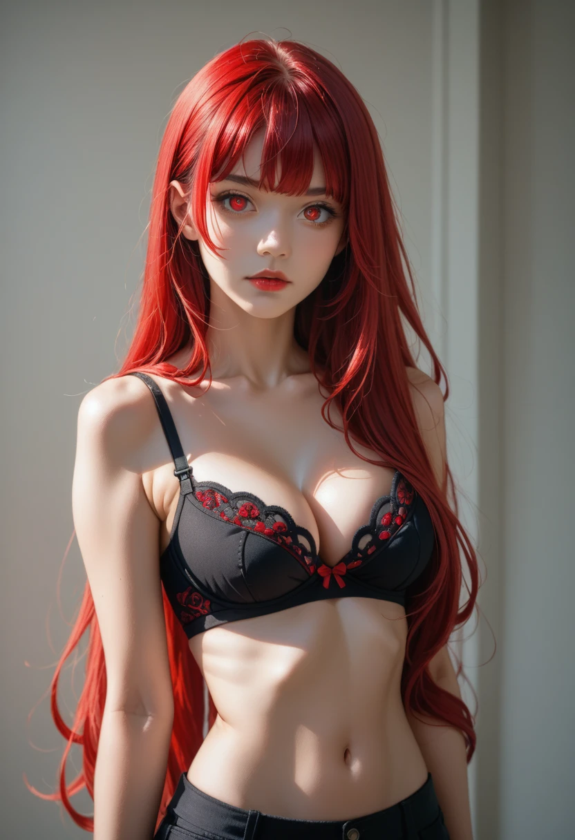 (((the most beautiful girl in the world))), ((cowboy shot)) navel, plain white crop top, underboob, cleavage, realism, ((seductive expression)), the most unparalleled (masterpiece) ever, super realistic 8K , perfect artwork、(((Sexy))) and colorful、shockingpink、((all matte black bra with matte black miniskirt))、frilld、seductive fashion、A detailed face、face perfect、perfect eyes、high-detail, , extremely long hair, bangs, (ruby red eyes:1.2), ruby hair,
(sharp focus), (hard focus), score_9, score_8_up, score_7_up,