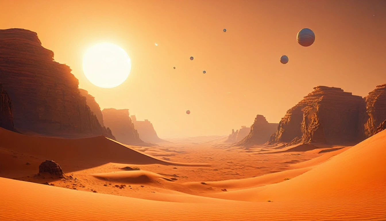 Three white balls flying in the sky above the desert, Sun setting on a desert planet, inspired Jessica Rossier, Tatooine, Jessica Rossier, Floating Planet, film still from movie dune-2021, PS5 Cinematic Screen Capture, Planet in the sky, on a remote desert planet, Planet in the sky