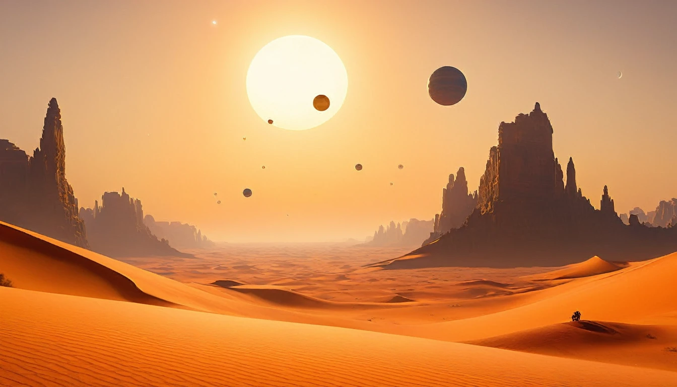 Three white balls flying in the sky above the desert, Sun setting on a desert planet, inspired Jessica Rossier, Tatooine, Jessica Rossier, Floating Planet, film still from movie dune-2021, PS5 Cinematic Screen Capture, Planet in the sky, on a remote desert planet, Planet in the sky