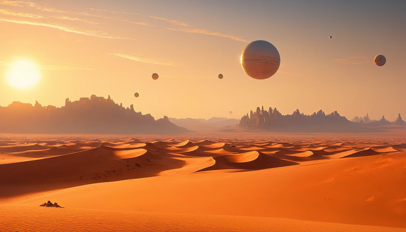 Three white balls flying in the sky above the desert, Sun setting on a desert planet, inspired Jessica Rossier, Tatooine, Jessica Rossier, Floating Planet, film still from movie dune-2021, PS5 Cinematic Screen Capture, Planet in the sky, on a remote desert planet, Planet in the sky