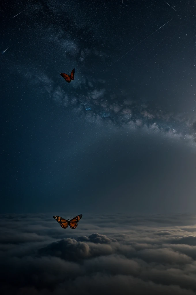 Butterfly rises from dust against dark sky 