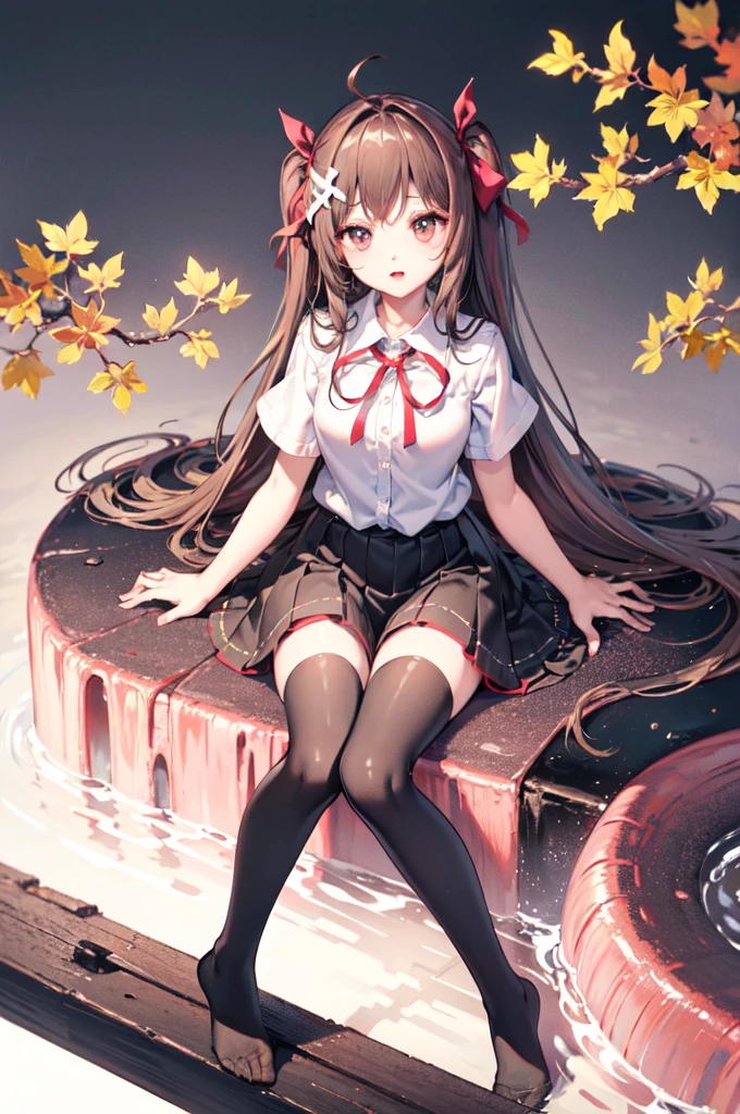 Nardack,1girl, solo, brown hair, puffy short sleeves, skirt, long hair, blush, homurahara academy , looking at viewer, pink eyes, shirt, white shirt, hair ornament, sitting, bangs, no shoes, black thighhighs, simple background, white background, crossed legs, sidelocks, ribbon, full body, (masterpiece,best quality)