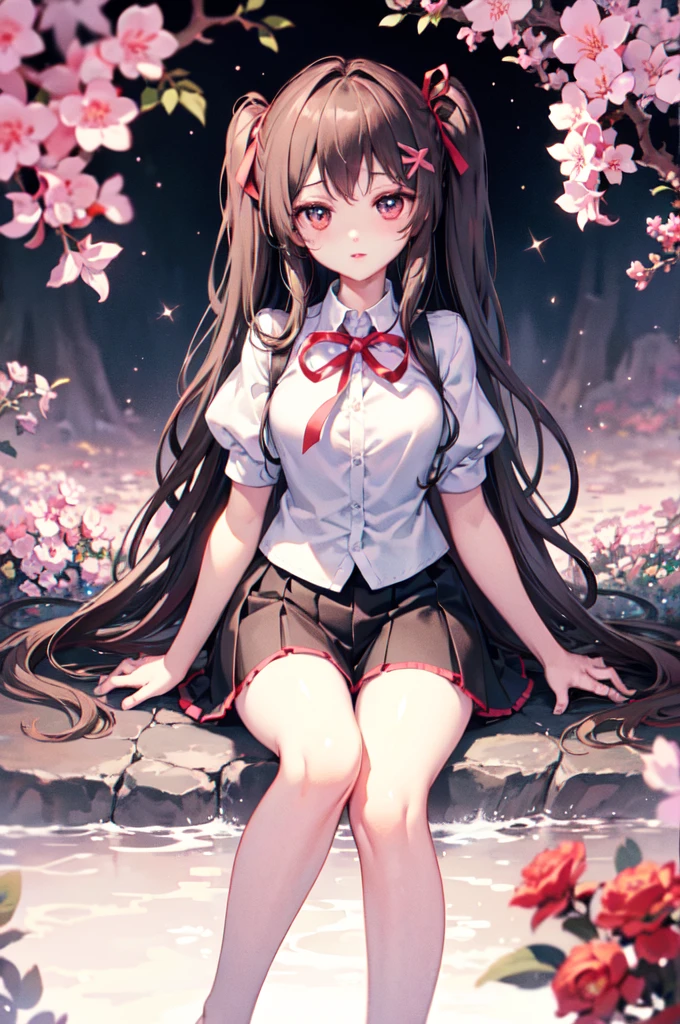 Nardack,1girl, solo, brown hair, puffy short sleeves, skirt, long hair, blush, homurahara academy , looking at viewer, pink eyes, shirt, white shirt, hair ornament, sitting, bangs, no shoes, black thighhighs, simple background, white background, crossed legs, sidelocks, ribbon, full body, (masterpiece,best quality)