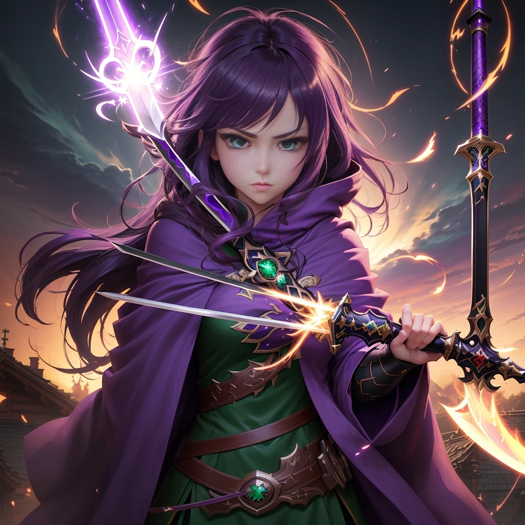 Has green eyes and a purple cloak、anime girl holding a sword, 4k anime wallpaper, Spectacular artwork of anime, anime wallpaper 4k, anime wallpaper 4k, anime art wallpaper 4k, anime art wallpaper 4k, Best anime 4k konachan wallpaper, Anime Style 4k, Shadowverse Style, epic anime fantasy, Nightcore, Detailed digital anime art