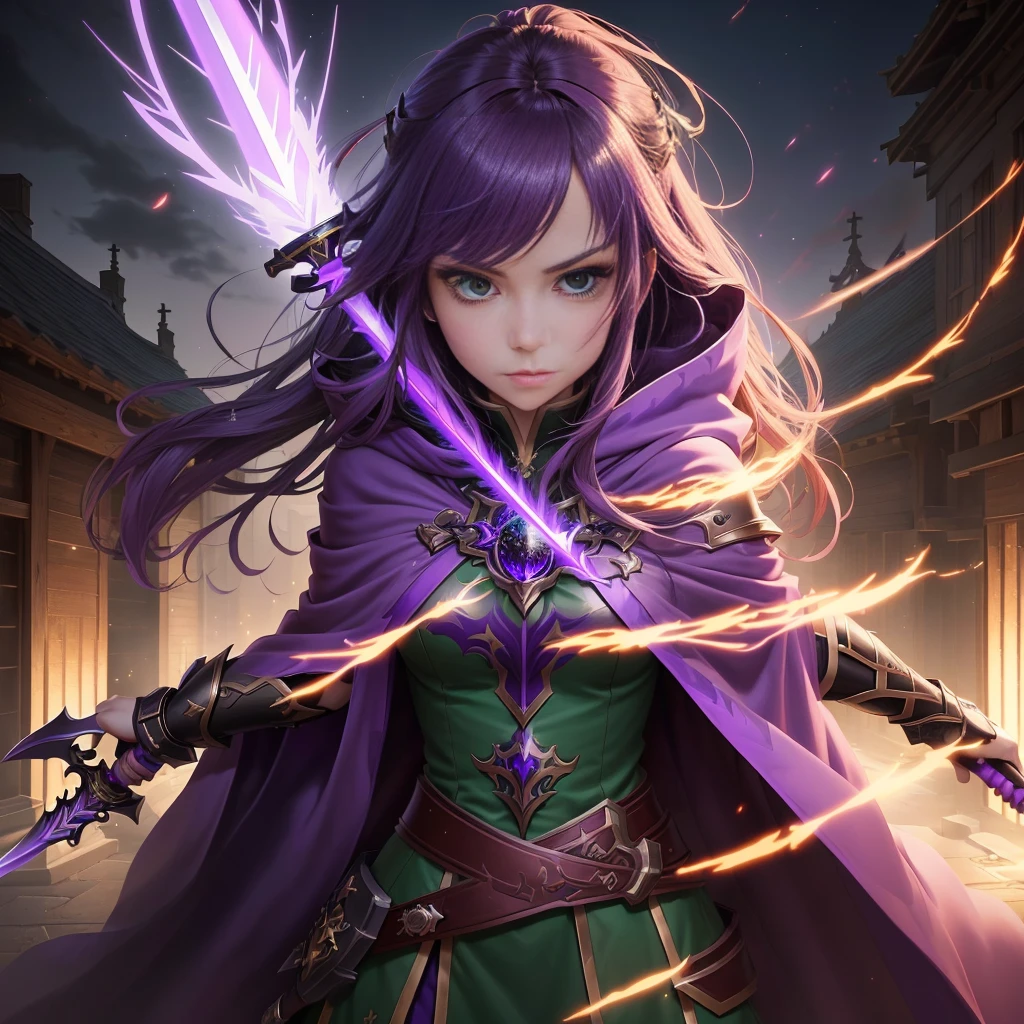 Has green eyes and a purple cloak、anime girl holding a sword, 4k anime wallpaper, Spectacular artwork of anime, anime wallpaper 4k, anime wallpaper 4k, anime art wallpaper 4k, anime art wallpaper 4k, Best anime 4k konachan wallpaper, Anime Style 4k, Shadowverse Style, epic anime fantasy, Nightcore, Detailed digital anime art