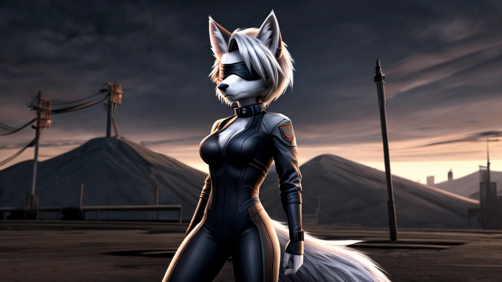 Loona from Helluva Boss, female white wolf, anthro, short white fluffy bob cut hair, white blindfold, she is blind, white military combat bodysuit, adult, standing, serious, detailed, solo, beautiful, high quality, 4K