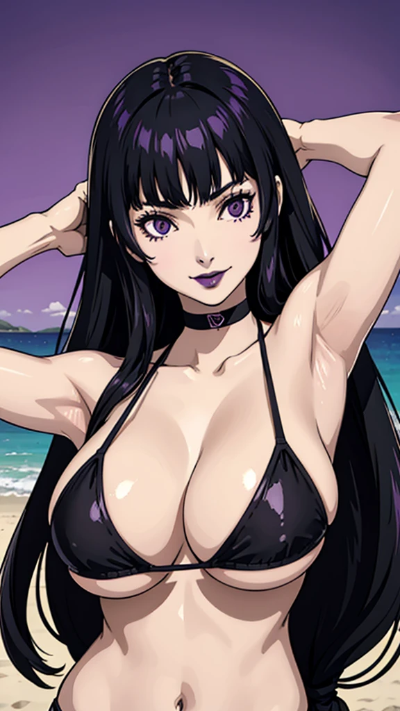1 girl, milf, purple eyes, hair bangs, very long hair, black choker, black lipstick, black lipstick, Smile, black hair, female , bikini, beach background, cowboy shot, huge breast, arms up, armpits