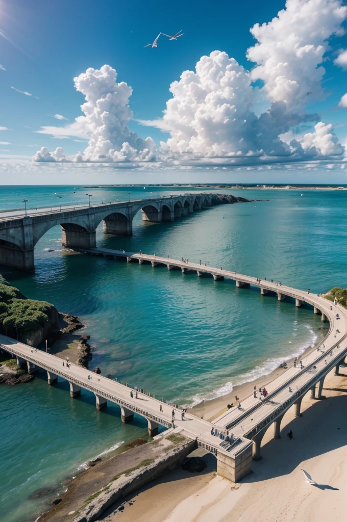 a beautiful beach, sky with few clouds, O Sol no Horizonte, an imperfect bridge with birds cutting through the sun
