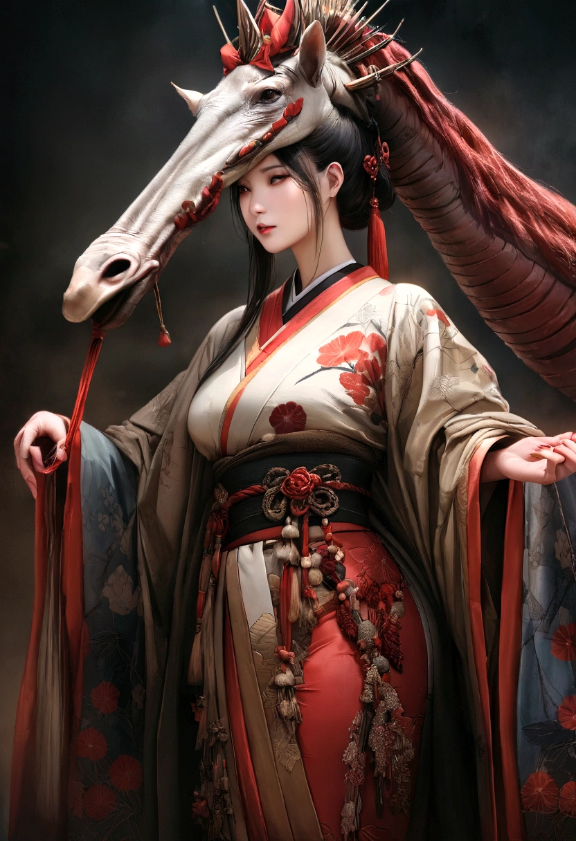 Highest quality，masterpiece，Ultra-high resolution, Very detailed, 8K，Realistic,That&#39;s horrible、The neck is long、Woman with long neck wearing traditional kimono