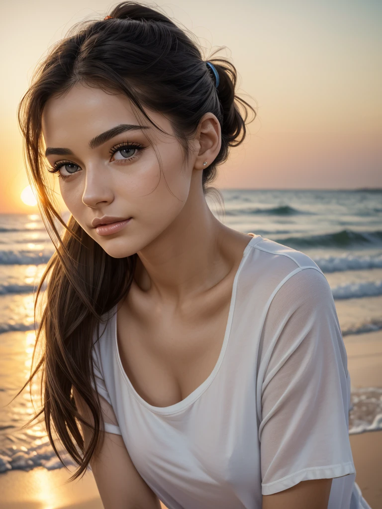 (best quality,4k,8k,highres,masterpiece:1.2), ultra-detailed, realistic, photorealistic:1.37, beautiful detailed eyes, beautiful detailed lips, extremely detailed face, long eyelashes, intimate view, slender, soft lighting, vibrant colours, sensual atmosphere, intimate moment, timid expression, perky, ponytail hairstyle, black hair, blue eyes, flawless skin texture, gentle breeze, slight smile, oversized t-shirt, on a beach, sunset