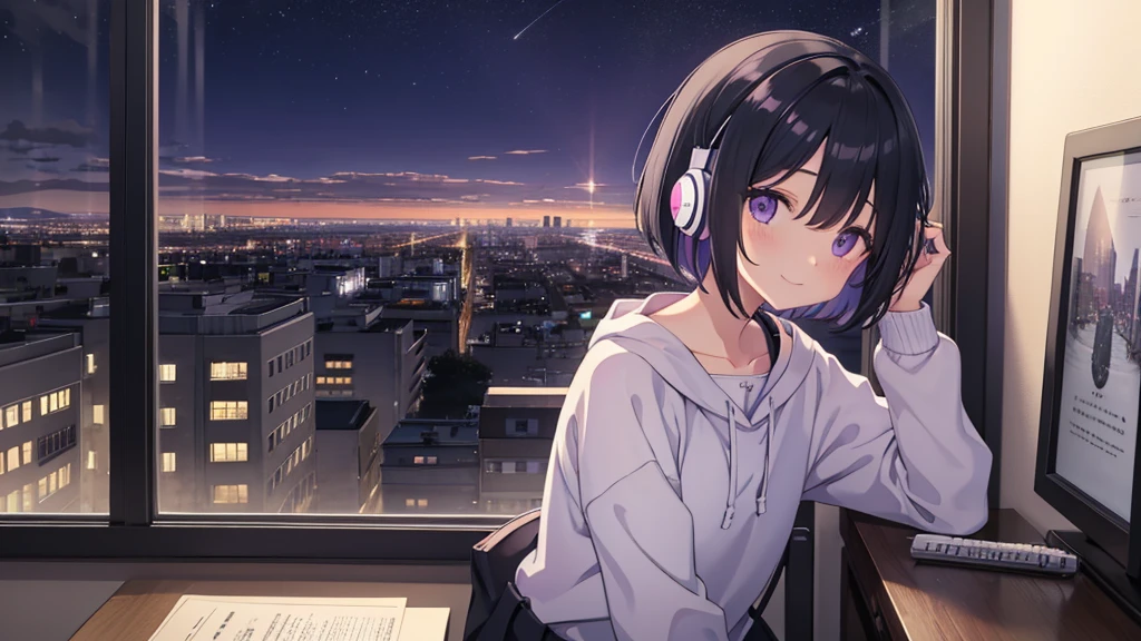 Masterpiece、pastel colour、landscape、alone、Lonely、A cute girl studying alone in her room、Black Hair、Bob Hair、Eyes are purple、Droopy eyes、dream-like、Wearing headphones、Late Night、City night view、Happy、smile、super high quality、Beautiful light、