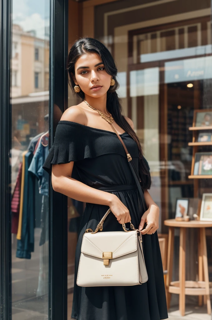 a woman standing in front of a store window with a handbag on her shoulder and a purse on her shoulder, Ayshia Taskin, perfect face, a polaroid photo, qajar art, out of focus