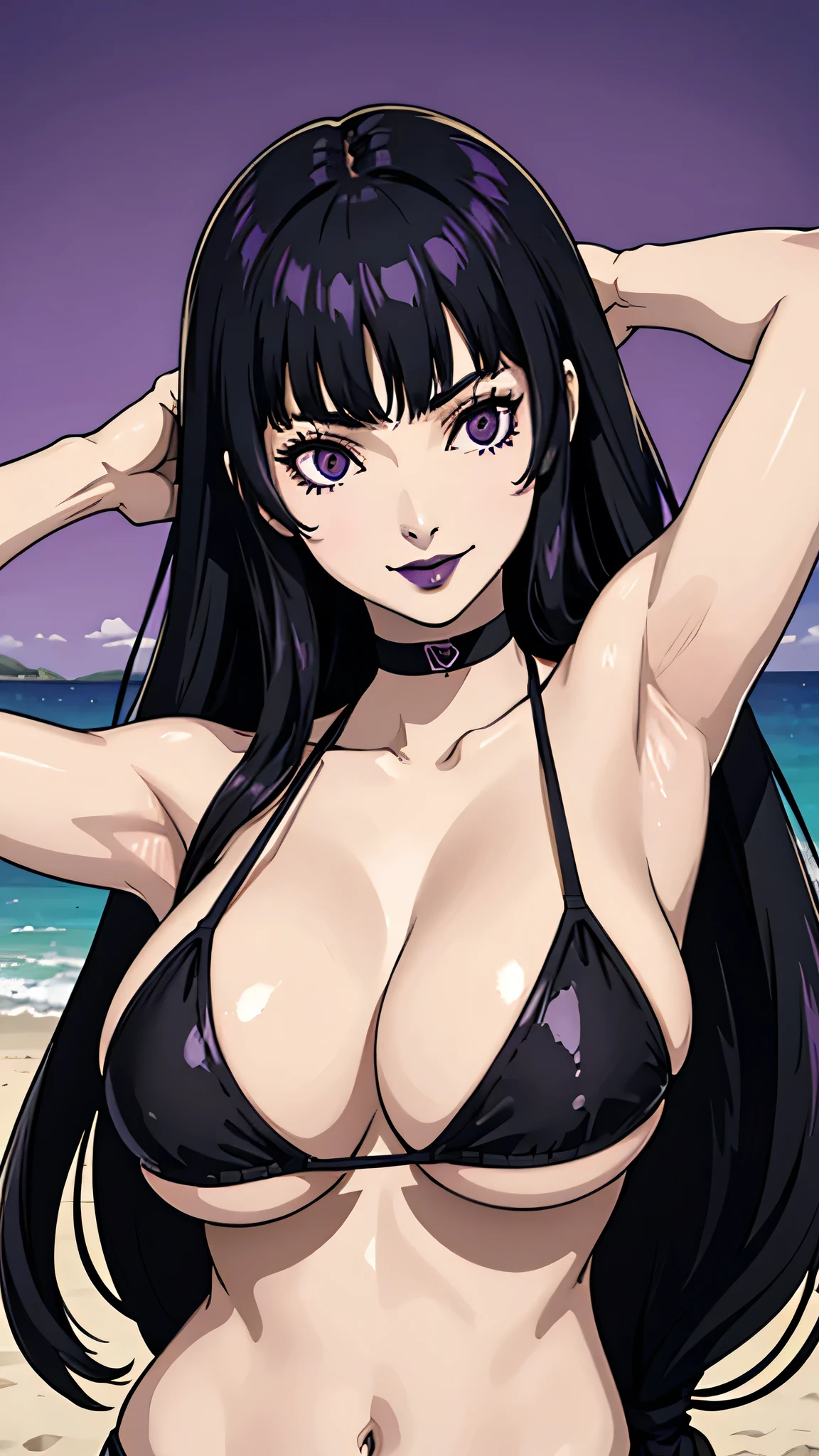1 girl, milf, purple eyes, hair bangs, very long hair, black choker, black lipstick, black lipstick, Smile, black hair, female , bikini, beach background, cowboy shot, huge breast, arms up, armpits