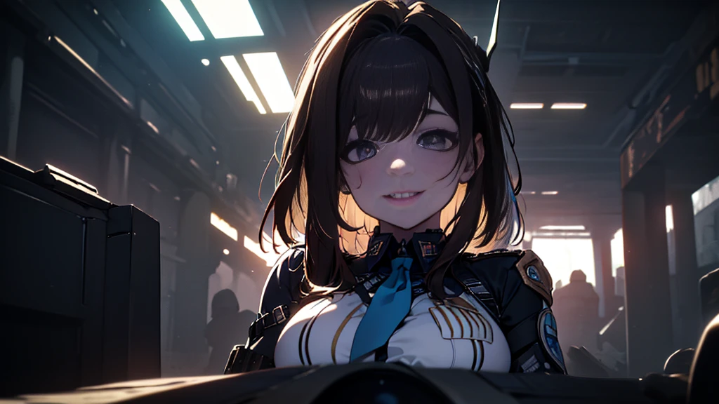 ((Best quality)), ((masterpiece)), (detailed:1.4), 3D, an image of a beautiful cyberpunk female, Yandere , Yandere Face , Trance , Trance Eyes , yameroyandere , constricted pupils , yandere , empty eyes . shaded face , crazy eyes , glowing brown eyes , crazy smile , Marian , one-side tied hairstyle, long brown hair , Military Uniform , Brown Eyes, Blue Barret, Blue Necktie ,Blue Ribbon , White undercloth, large breasts, HDR (High Dynamic Range),Ray Tracing,NVIDIA RTX,Super-Resolution,Unreal 5,Subsurface scattering,PBR Texturing,Post-processing,Anisotropic Filtering,Depth-of-field,Maximum clarity and sharpness,Multi-layered textures,Albedo and Specular maps,Surface shading,Accurate simulation of light-material interaction,Perfect proportions,Octane Render,Two-tone lighting,Wide aperture,Low ISO,White balance,Rule of thirds,8K RAW,