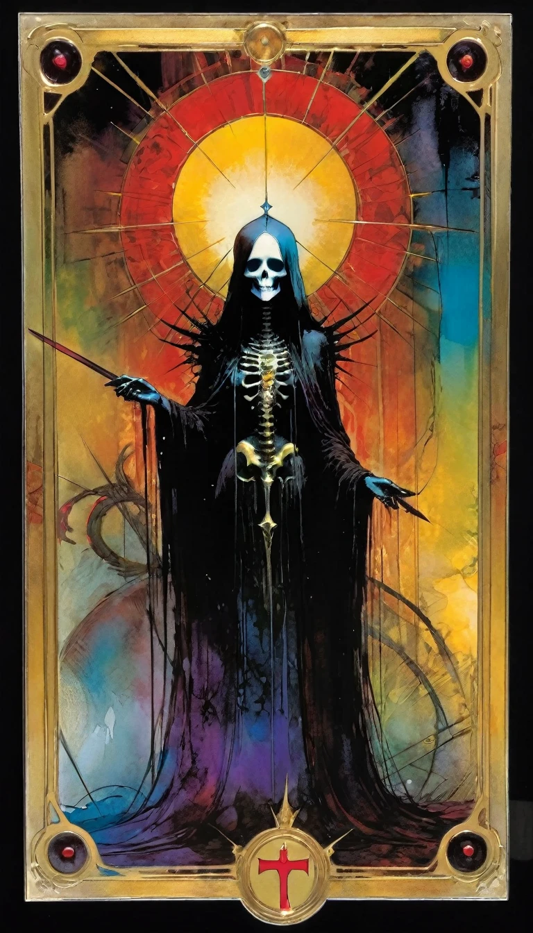 ((tarot card)) THE death((card frame)), work by Bill Sienkiewicz, vivid colors, intricate details, oil.
