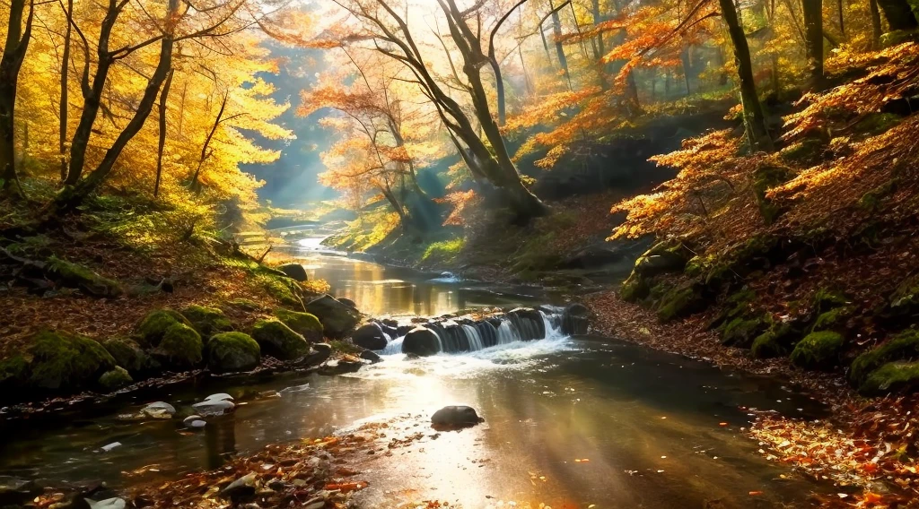 wood々Aerial view of a stream in a forest with trees and leaves, Autumn tranquility, 柔らかなAutumn sunshine, A gently shining forest stream, Autumn Light, Autumn sunshine, River in the forest, River in the forest, Gorgeous lighting of the river, Beautiful forest scenery, Forest and River, Autumn forest, in the Autumn forest, Sunlight reflected on the river, Natural scenery