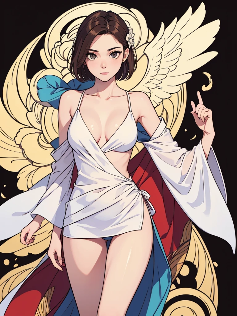 (((masterpiece, best quality, ultra highres, 1 girl, solo, no background))), super detailed skin and face and eyes and finger, beautiful japanese woman, small breasts:1.5, skinny, light brown hair, white background, very short hair, (an illustration of girl), Knee shot, Generate with illustrations, Various expressions, Various poses, Various Costumes, spread legs, Please draw the entire character within the frame, ensuring that the head, arms, and legs are not cut off, The background should be simple, with the character positioned centrally, spread legs,