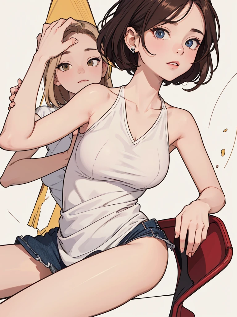 (((masterpiece, best quality, ultra highres, 1 girl, solo, no background))), super detailed skin and face and eyes and finger, beautiful japanese woman, small breasts:1.5, skinny, light brown hair, white background, very short hair, (an illustration of girl), Knee shot, Generate with illustrations, Various expressions, Various poses, Various Costumes, spread legs, Please draw the entire character within the frame, ensuring that the head, arms, and legs are not cut off, The background should be simple, with the character positioned centrally, spread legs,