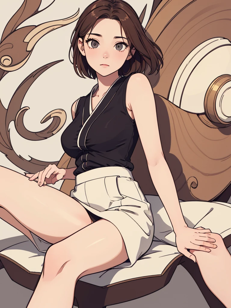 (((masterpiece, best quality, ultra highres, 1 girl, solo, no background))), super detailed skin and face and eyes and finger, beautiful japanese woman, small breasts:1.5, skinny, light brown hair, white background, very short hair, (an illustration of girl), Knee shot, Generate with illustrations, Various expressions, Various poses, Various Costumes, spread legs, Please draw the entire character within the frame, ensuring that the head, arms, and legs are not cut off, The background should be simple, with the character positioned centrally, spread legs,
