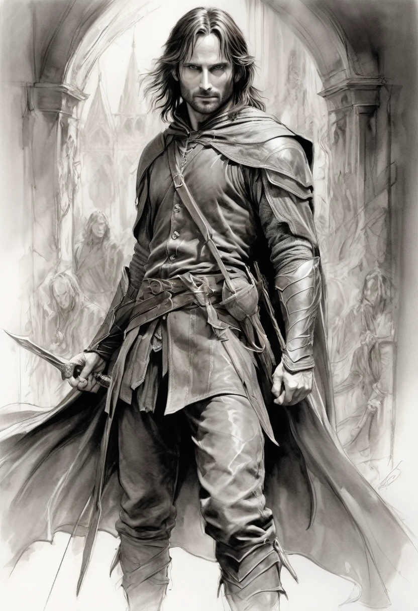 Anime line art of Aragorn from The Lord Of The Rings trilogy, in dynamic pose, by Anna Razumovskaya, sketch, best quality, masterpiece, very aesthetic, perfect composition, intricate details, ultra-detailed, B&W