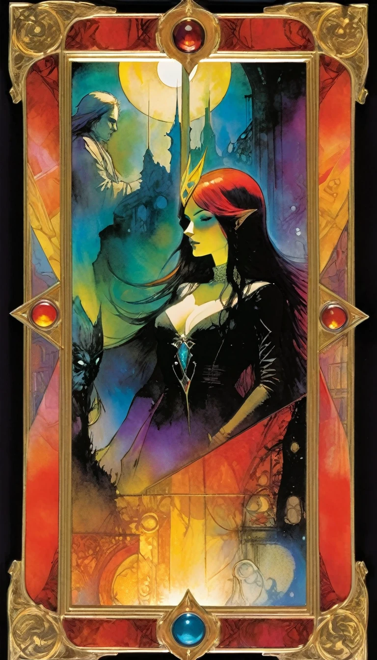 ((tarot card)) THE TRIAL ((card frame)), work by Bill Sienkiewicz, vivid colors, intricate details, oil.
