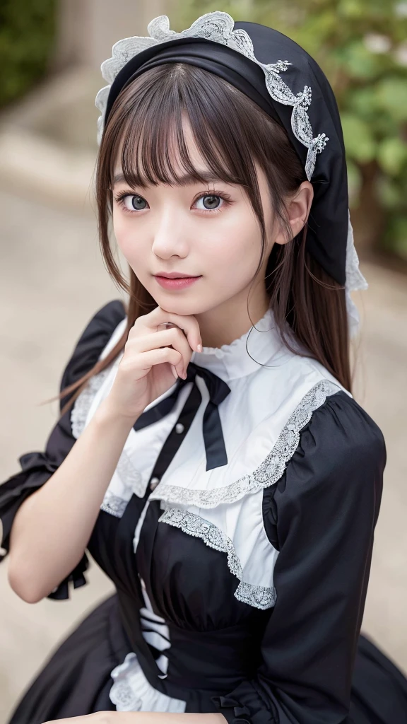 1girl, japanese woman, 1 Nogizaka Musume, Very cute, beautiful girl, age19, (Gothic Lolita Fashion), Looking at Viewer, Beautiful face, eyes and skin with exquisite detail, Fine black shiny hair, Classy ruffles, frilled tie, Ribbon tie, rose hair accessory, (Smile at the camera), (up close shot), (European seas), profetional lighting, BREAK, (realisitic, Photorealsitic:1.37), 8K, (​masterpiece), (top-quality:1.4), (superA high resolution:1.2),  (Raw photography:1.2), (Delicate lace, Soft fabric, Beautiful rose pattern dress), perfect anatomia, 4 fingers and 1 thumb, seaside backgroud, (Wallpapers by Unity 8K)