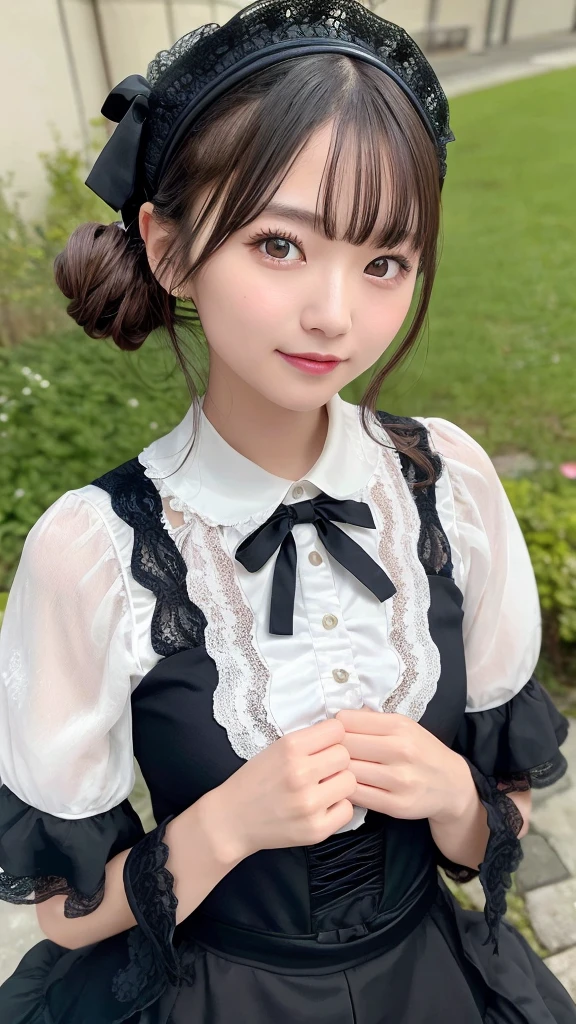 1girl, japanese woman, 1 Nogizaka Musume, Very cute, beautiful girl, age19, (Gothic ta Fashion), Looking at Viewer, Beautiful face, eyes and skin with exquisite detail, Fine black shiny hair, Classy ruffles, frilled tie, Ribbon tie, rose hair accessory, (Smile at the camera), (up close shot), (European seas), profetional lighting, BREAK, (realisitic, Photorealsitic:1.37), 8K, (masterpiece), (top-quality:1.4), (superA high resolution:1.2), (Raw photography:1.2), (Delicate lace, Soft fabric, Beautiful rose pattern dress), perfect anatomia, 4 fingers and 1 thumb, seaside backgroud, (Wallpapers by Unity 8K)