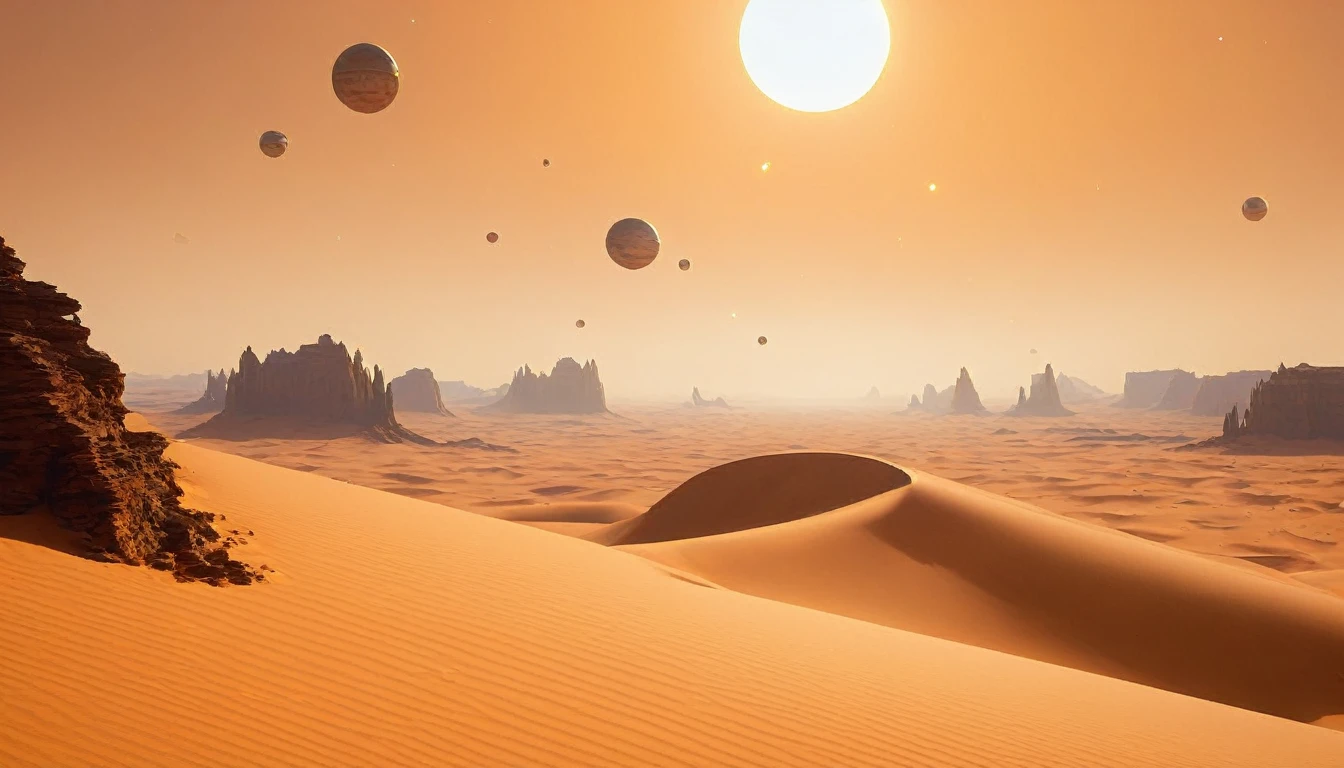Three white balls flying in the sky above the desert, Desert Planet, inspired Jessica Rossier, Tatooine, Jessica Rossier, Floating Planet, film still from movie dune-2021, PS5 Cinematic Screen Capture, Planet in the sky, 遠く離れたDesert Planetで, Planet in the sky、I can see the rocks、You can see the coast too、