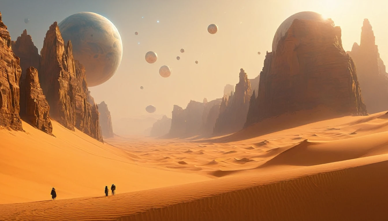 Three white balls flying in the sky above the desert, Desert Planet, inspired Jessica Rossier, Tatooine, Jessica Rossier, Floating Planet, film still from movie dune-2021, PS5 Cinematic Screen Capture, Planet in the sky, 遠く離れたDesert Planetで, Planet in the sky、I can see the rocks、You can see the coast too、