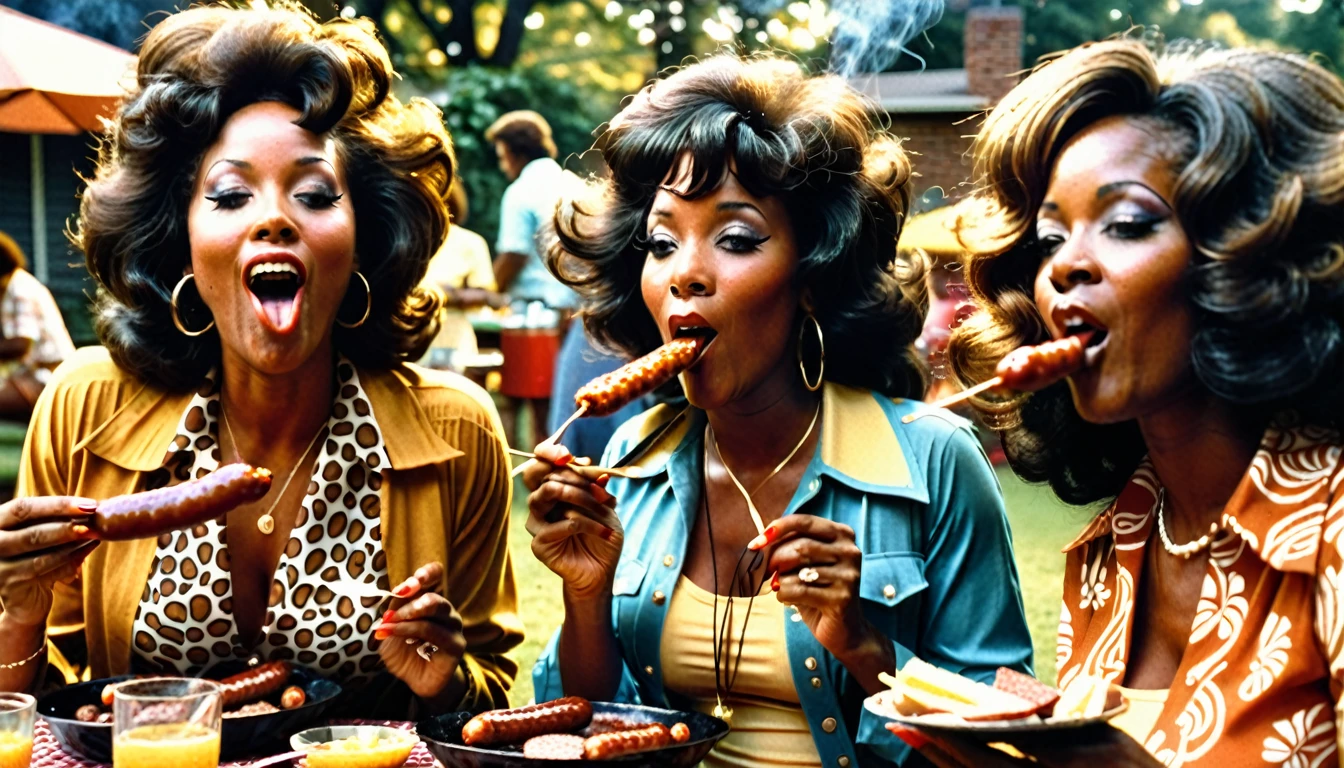 1970s photo of 3 beautiful african-american women wearing sexy 1970s attire eating sausage at a backyard bbq, atmospheric perspective, textured skin, cinematic action, super detail,