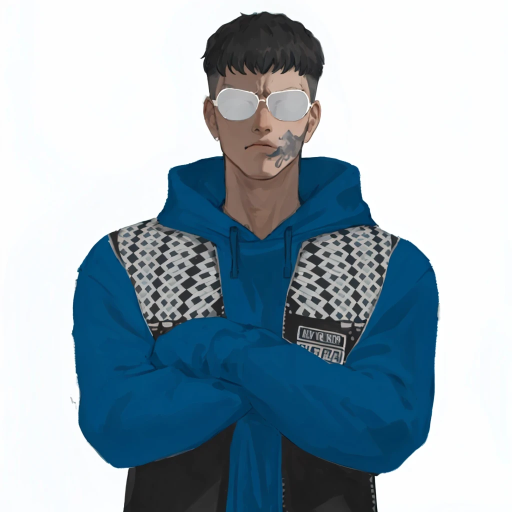 (masterpiece:1.2, best quality), (1men, solo, upper body:1.2),angry face,Hair: buzz cut, Clothing: oversized, distressed denim jacket with patches and pins, paired with black skinny jeans and combat boots, Hanging out in an underground music venue or street art exhibit