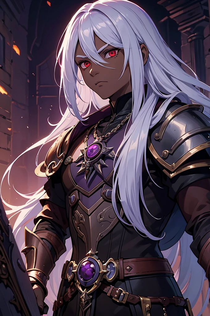 ((best quality)), ((masterpiece)), (detailed), ((boy)),, (dungeonpunk), (steampunk), half-drow , portrait, red eyes, long white hair, Xemnas from Kingdom Hearts, half-drow,brown skin with a purple hue, (full knight armor), paladin, serious faces